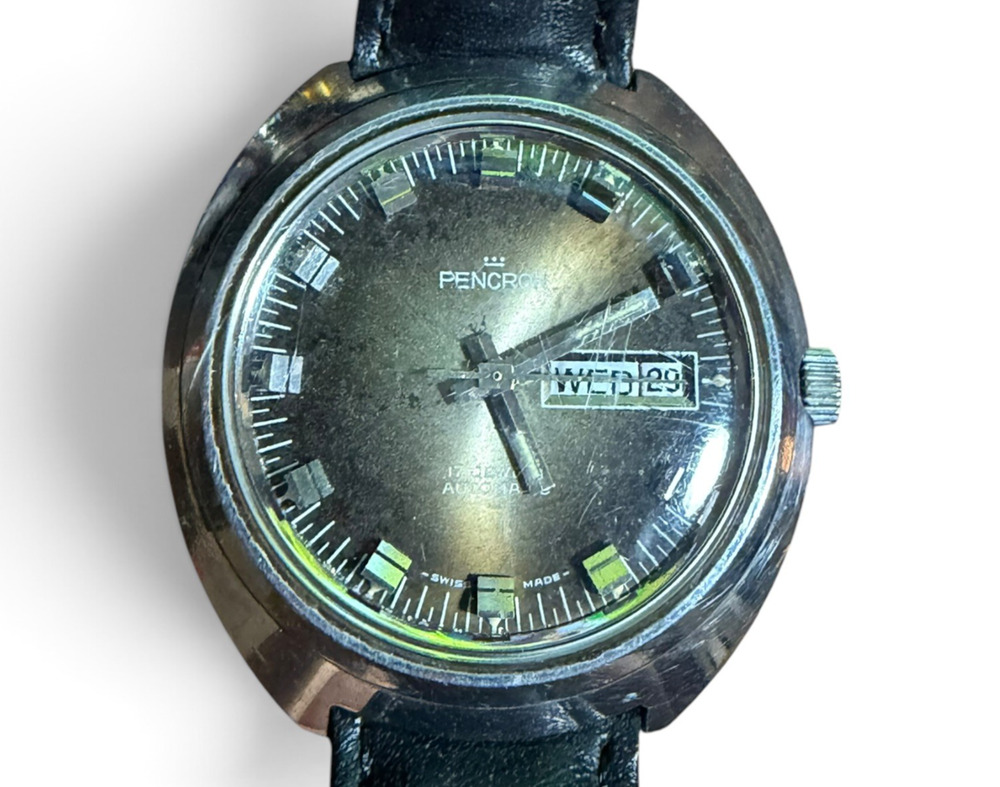 Vintage Mens Pencron Watch 17 Jewel Automatic Day/Date Black Leather Band
